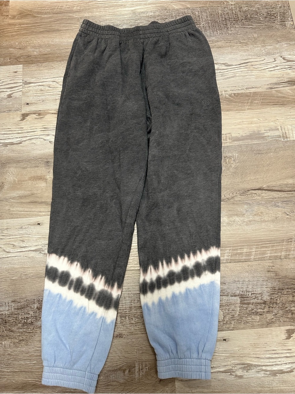 PINK Victoria's Secret Charcoal Gray Tie-Dye Hem Joggers with Light Blue & White